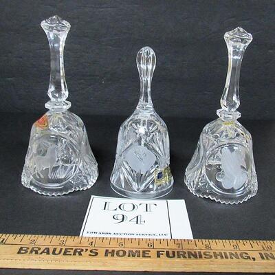 3 Older Lead Glass Bells With Frosted Images, Nice
