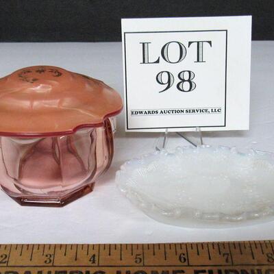 Vintage Pink Depression Dresser Box and Milk Glass Small Tray