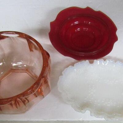 Vintage Pink Depression Dresser Box and Milk Glass Small Tray