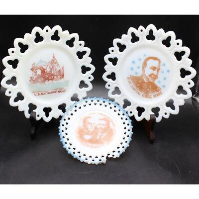 Set of Antique Commemorative Collectible Milk Glass Political Campaign Commemorative Plates