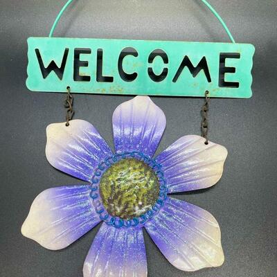 Painted Metal Welcome Flower and Angel Set of Two Hanging Signs
