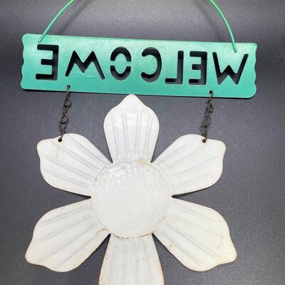 Painted Metal Welcome Flower and Angel Set of Two Hanging Signs
