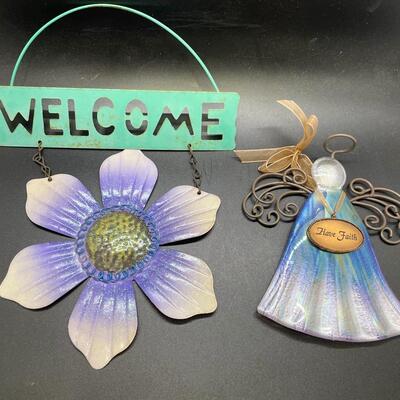 Painted Metal Welcome Flower and Angel Set of Two Hanging Signs
