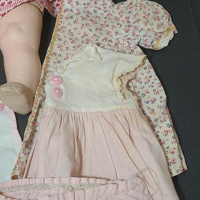 Lot 25: Vintage Dolls, Crocheted Purse, and Doll Clothes