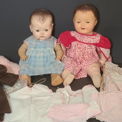 Lot 25: Vintage Dolls, Crocheted Purse, and Doll Clothes