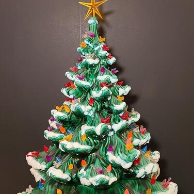 Lot 487: Vintage Flocked Ceramic Christmas Tree with Bird Lights (Large 15 inches)