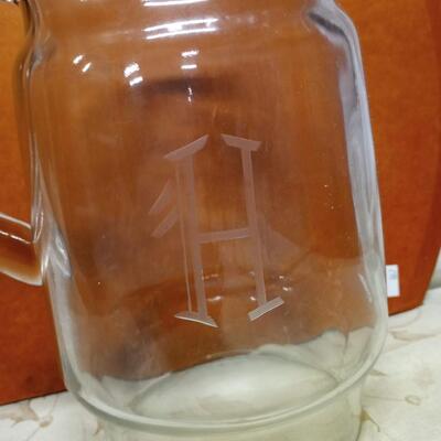 Etched "H" Pitcher with 8 glasses