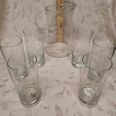 Etched "H" Pitcher with 8 glasses