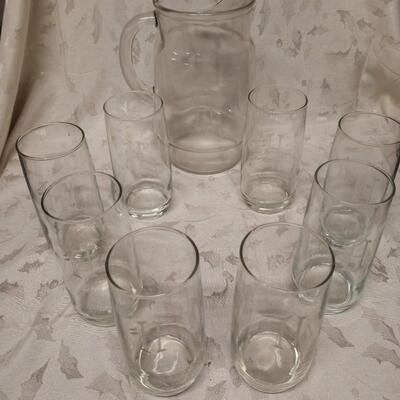 Etched "H" Pitcher with 8 glasses