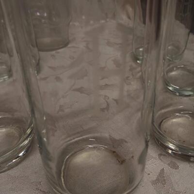 Etched "H" Pitcher with 8 glasses