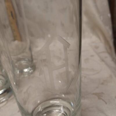 Etched "H" Pitcher with 8 glasses
