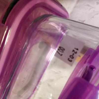 Glass containers w purple lids, (5)