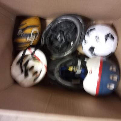 Huge box sports; soccer, baseball gloves, helmets