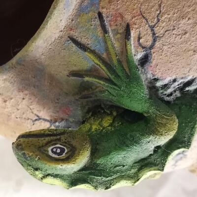 Lizard vase with metal lizard