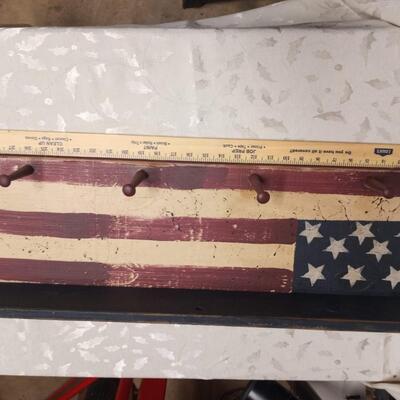 Wooden Flag decor with peg hooks, AS IS