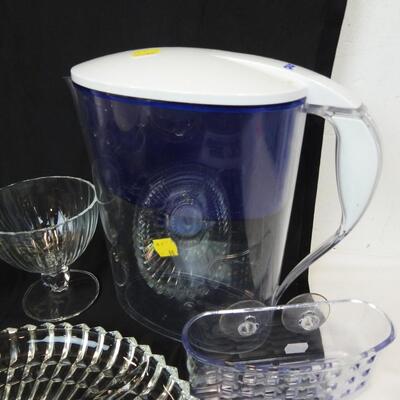 Tea Pot, Glass Serving Tray and 4 Wine Glasses, 5 Plates, 4 Bowls, Water FIlter