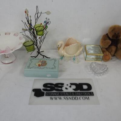 Stuffed Bear, Ceramic Good, Mini Glass Birds, Wooden & Glass Box, Metal Tree