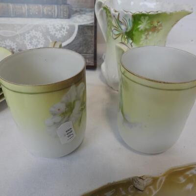 Glass Green Flower Tea Set, Pitcher, Plates, Cups, Creamer Cup,Decor