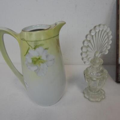 Glass Green Flower Tea Set, Pitcher, Plates, Cups, Creamer Cup,Decor