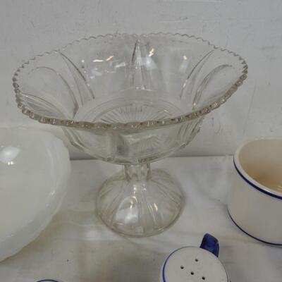 Glassware Lot: 2 Bowls, Large Decor Wine Glass, Blue Salt & Pepper Shakers