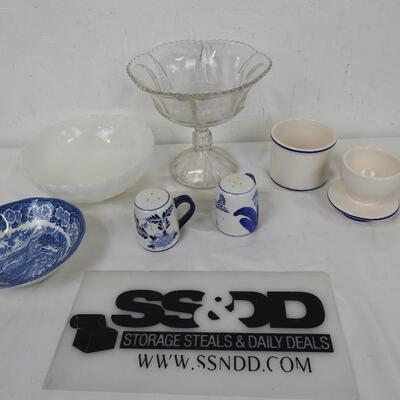 Glassware Lot: 2 Bowls, Large Decor Wine Glass, Blue Salt & Pepper Shakers