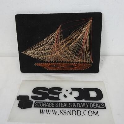 12 x 8 Frame Wire Contraption on Nails Art Piece Boat with Sails