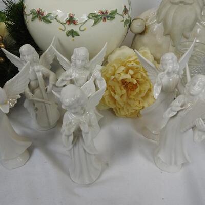 Faux Tree Branch White Flower Decor, Porcelain 6 Angel Set, Thanksgiving Plate