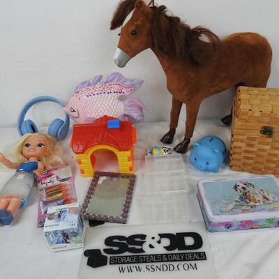 Toy Lot: Horse, Doll, Piggy Bank, Small Headphones, Pink Fish, Basket