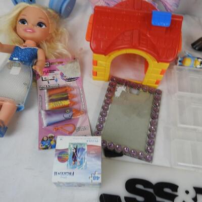 Toy Lot: Horse, Doll, Piggy Bank, Small Headphones, Pink Fish, Basket