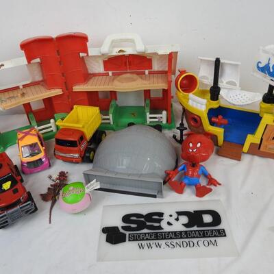10 Item Toy Lot: Barn Dollhouse, BOat, Spiderham, Death Star, Cars and a Plane