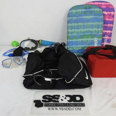 NIke Duffel Bag, 5 Pairs of Kid Swimming Goggles, Speedo Kickboards, Lunch Box