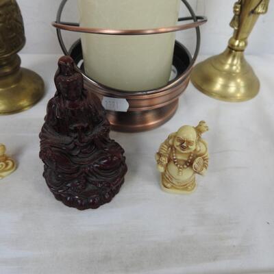 Indian Themed Decor: Buddha & Other Mini Figurines, 3 Candleholders, Red Glass