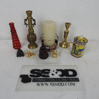 Indian Themed Decor: Buddha & Other Mini Figurines, 3 Candleholders, Red Glass