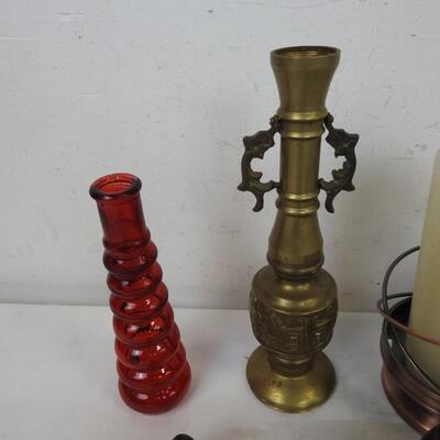 Indian Themed Decor: Buddha & Other Mini Figurines, 3 Candleholders, Red Glass