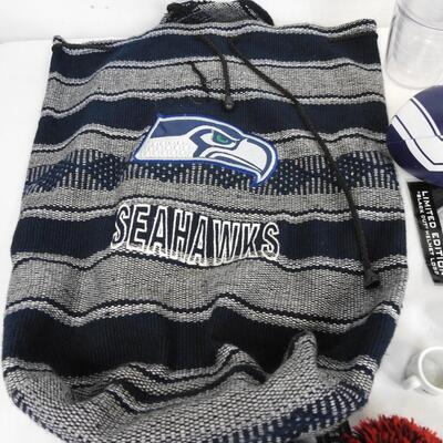Sports Merch: NFL Broncos Items & Seahawks Backpack, BYU and Utah Stickers, Cups