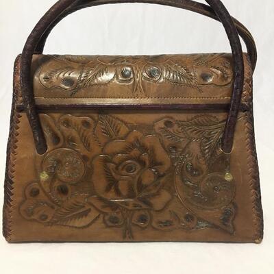 Vintage  Tooled Leather Purse Hand Bag Brown Tan Floral Southwest
