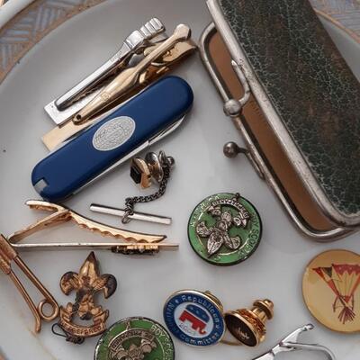 Lot of Old Pins, Trinkets/Boy Scout Pins/and Collectors Plates