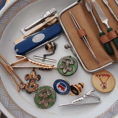 Lot of Old Pins, Trinkets/Boy Scout Pins/and Collectors Plates