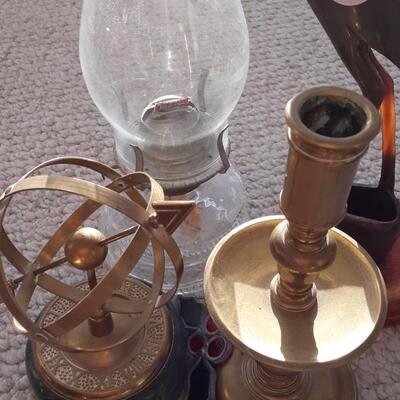 Lot Includes a Vintage Oil Lamp, Brass Items, and Decor