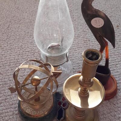 Lot Includes a Vintage Oil Lamp, Brass Items, and Decor