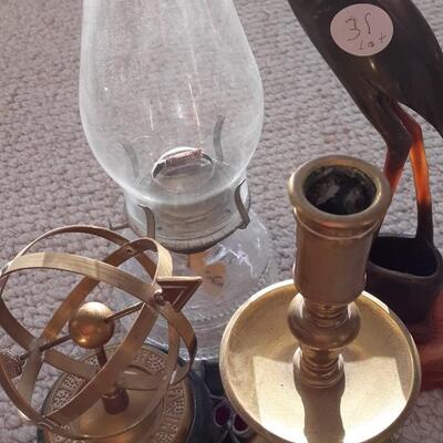 Lot Includes a Vintage Oil Lamp, Brass Items, and Decor