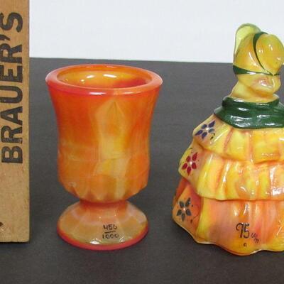 Limited Edition Boyd Glass Orange Slag Hand Painted Girl and Lt Ed Hoppy Toothpick