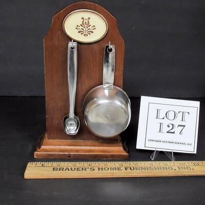 Vintage Plaltzgraff Village Measuring Cup and Spoon Set on Stand