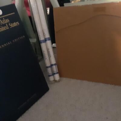 Lot Includes Large Vintage Atlas, Picture, and New Blinds