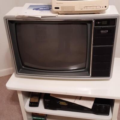 Lot of Vintage TV, VCR, and shelf