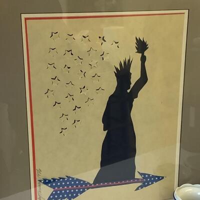 A - 324 Signed Framed Statue of Liberty Silhouette by Alison Shriver 1986 & Pair of Mottahedeh Porcelain Bicentennial Eagle Vases