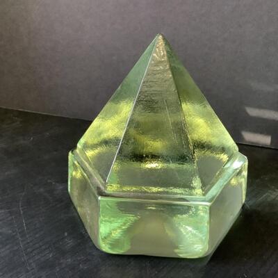 A - 336 Vintage Hexagon Pyramid Clear Green Glass Paperweight