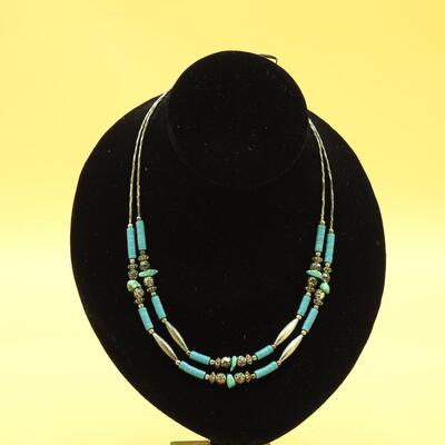 Dual strand Silver beaded, Malachite and Turquoise necklace