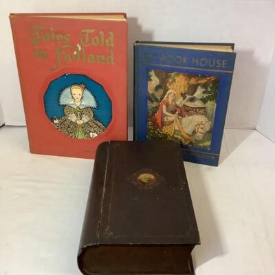 A - 351  Vintage Wooden Faux Book & Two Vintage Hardback Books