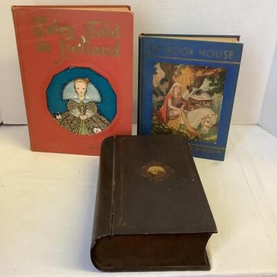 A - 351  Vintage Wooden Faux Book & Two Vintage Hardback Books